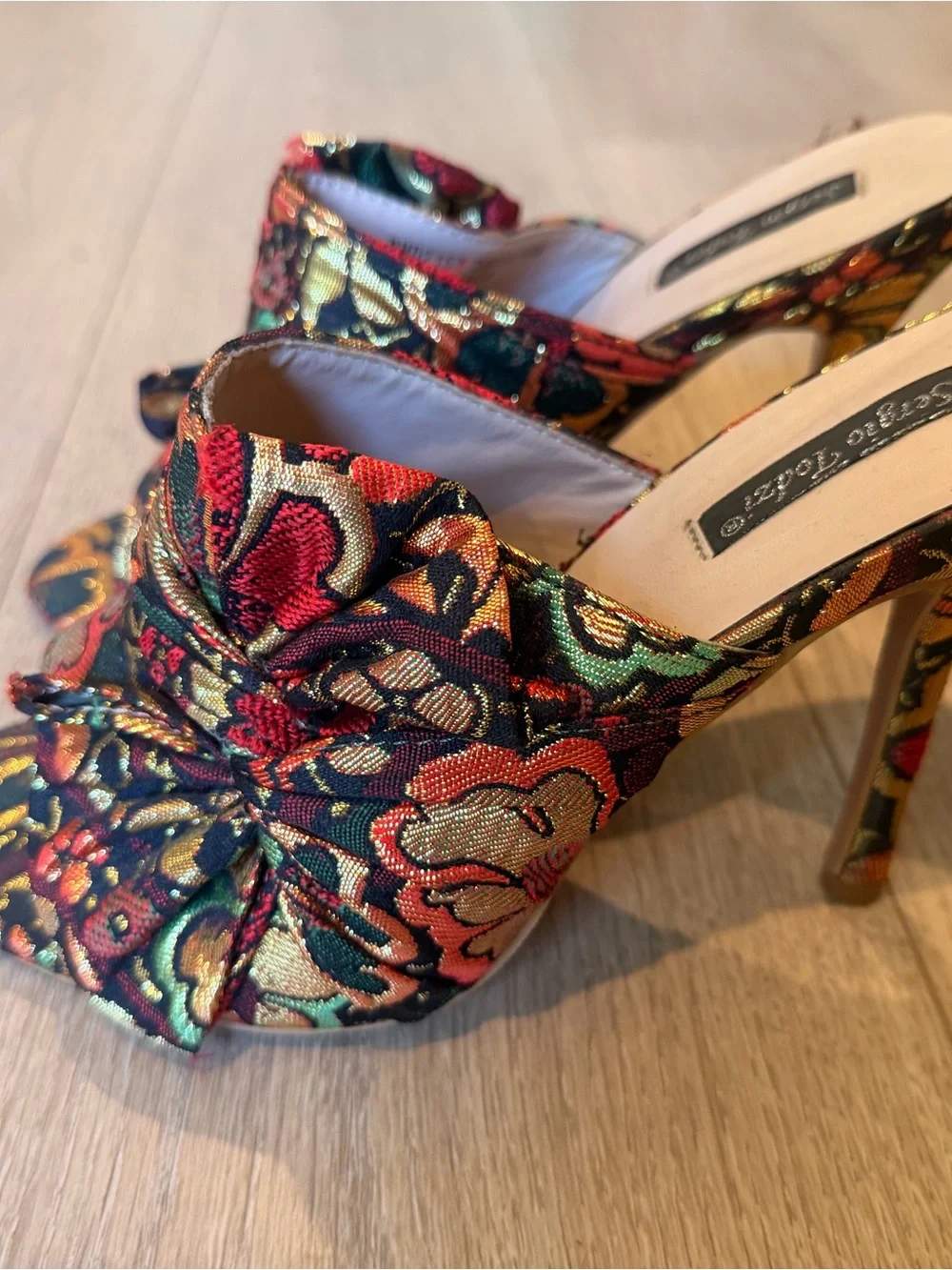 Sergio Todzi Red Floral Brocade open toe Mule Heels